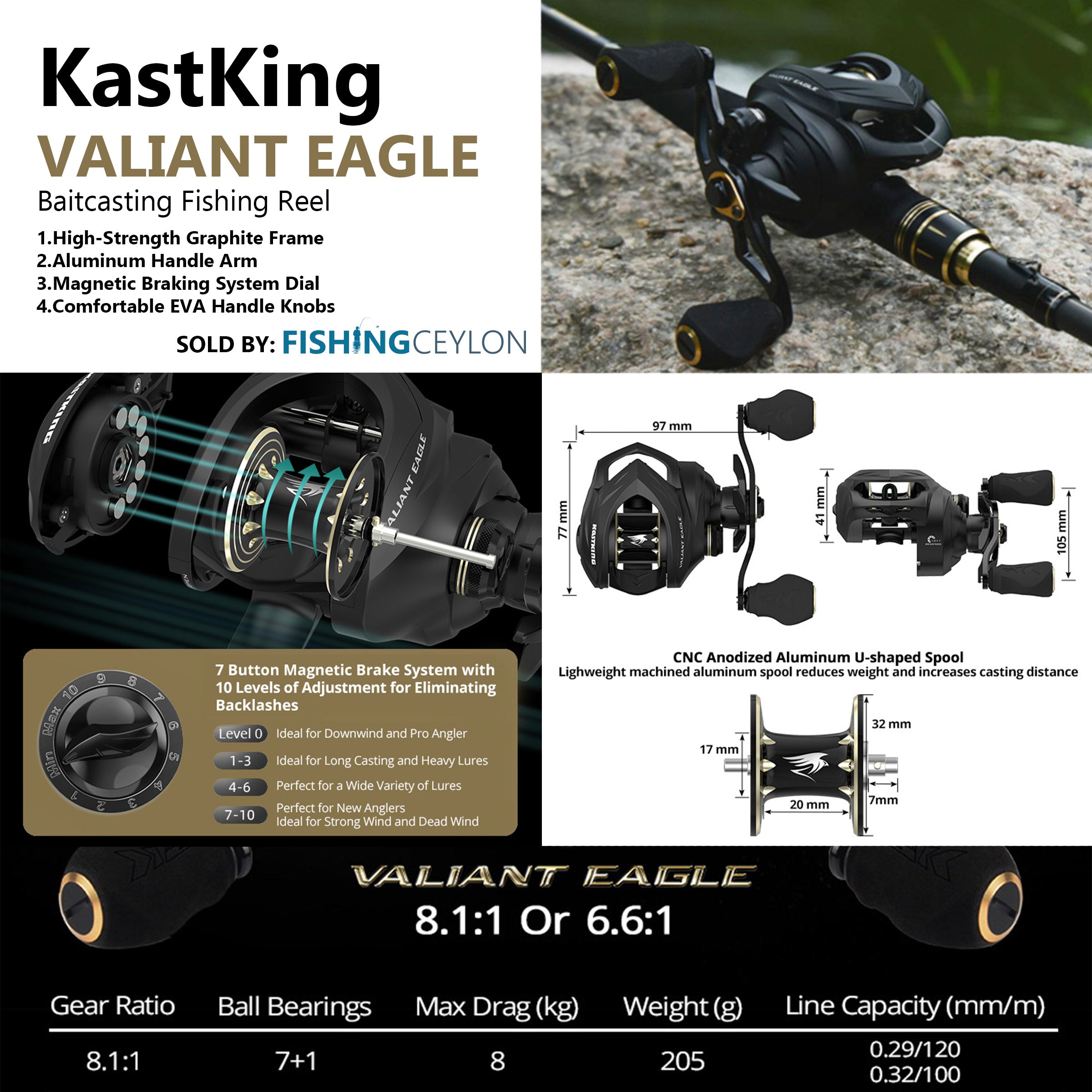 KastKing Valiant Eagle Baitcasting Reel, 6.6:1 Gear Ratio Left  Handed Baitcaster Fishing Reel : Sports & Outdoors