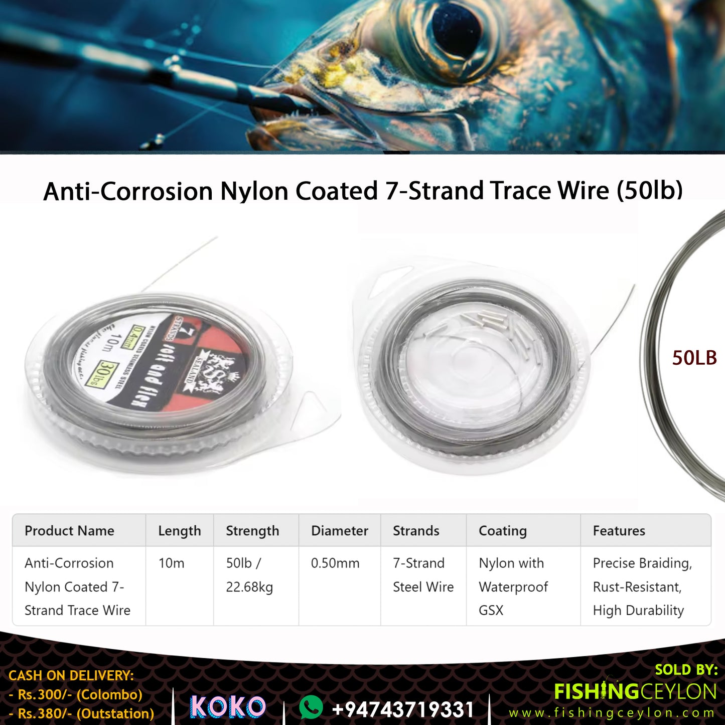 Anti-Corrosion Nylon Coated 7-Strand Trace Wire (50lb)