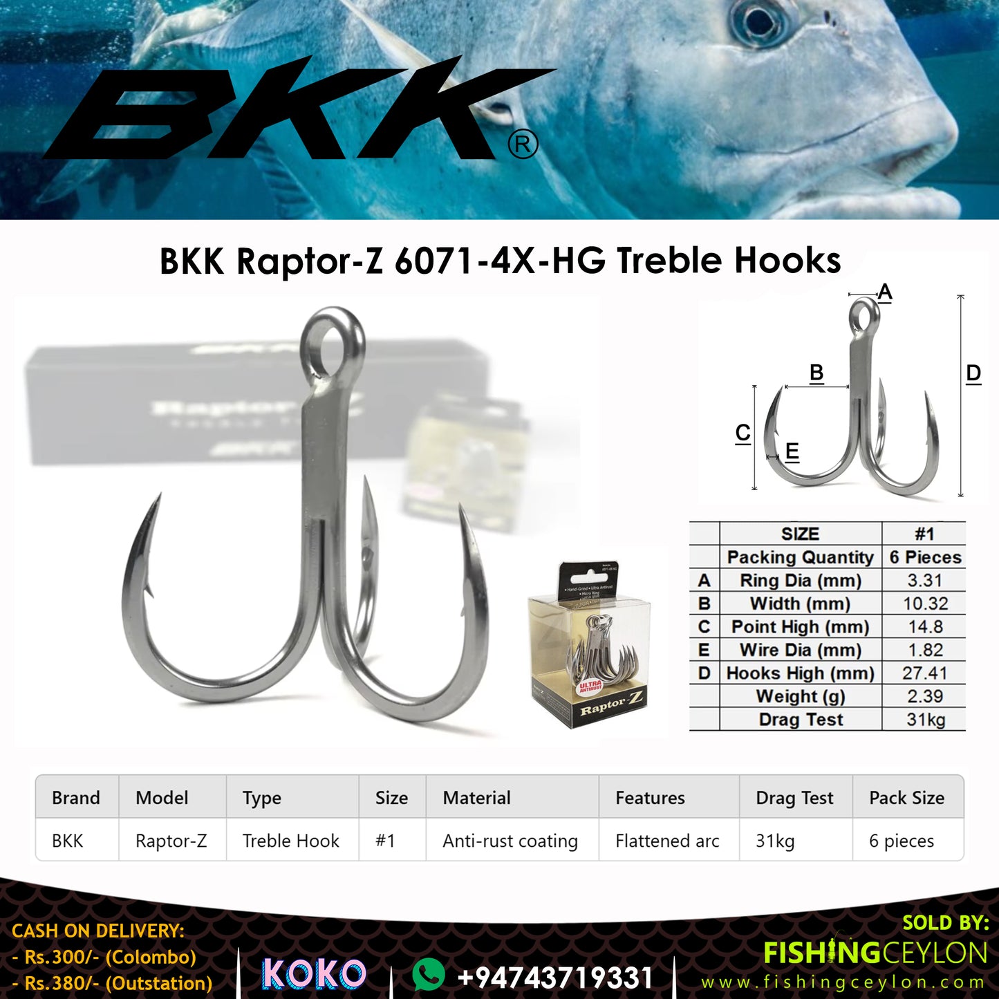 BKK Raptor-Z 6071-4X-HG Treble Hooks