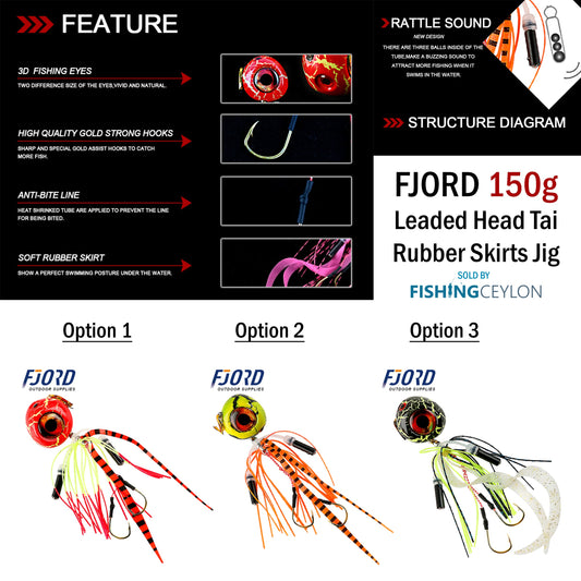 FJORD Leaded Head Tai Rubber Skirts Jig (150g) Fishing Ceylon 