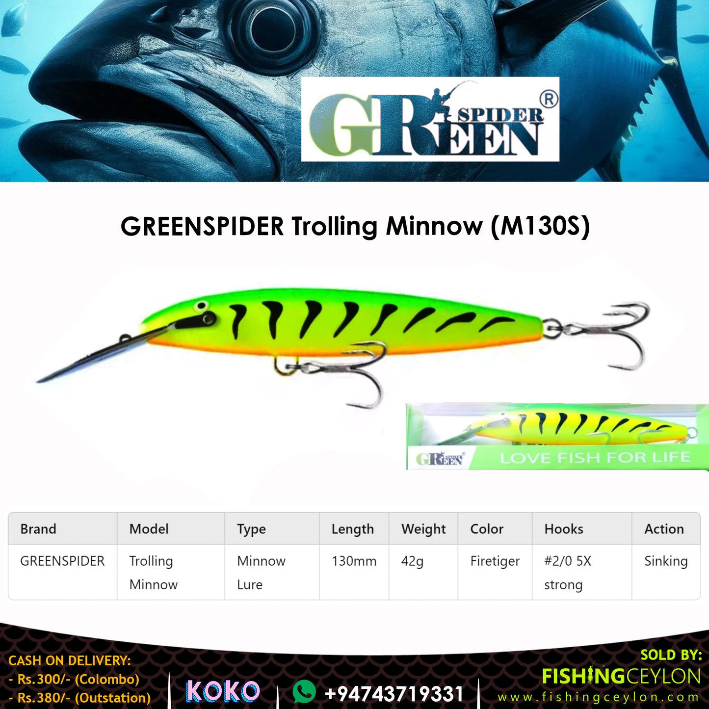 GREENSPIDER Trolling Minnow (M130S)