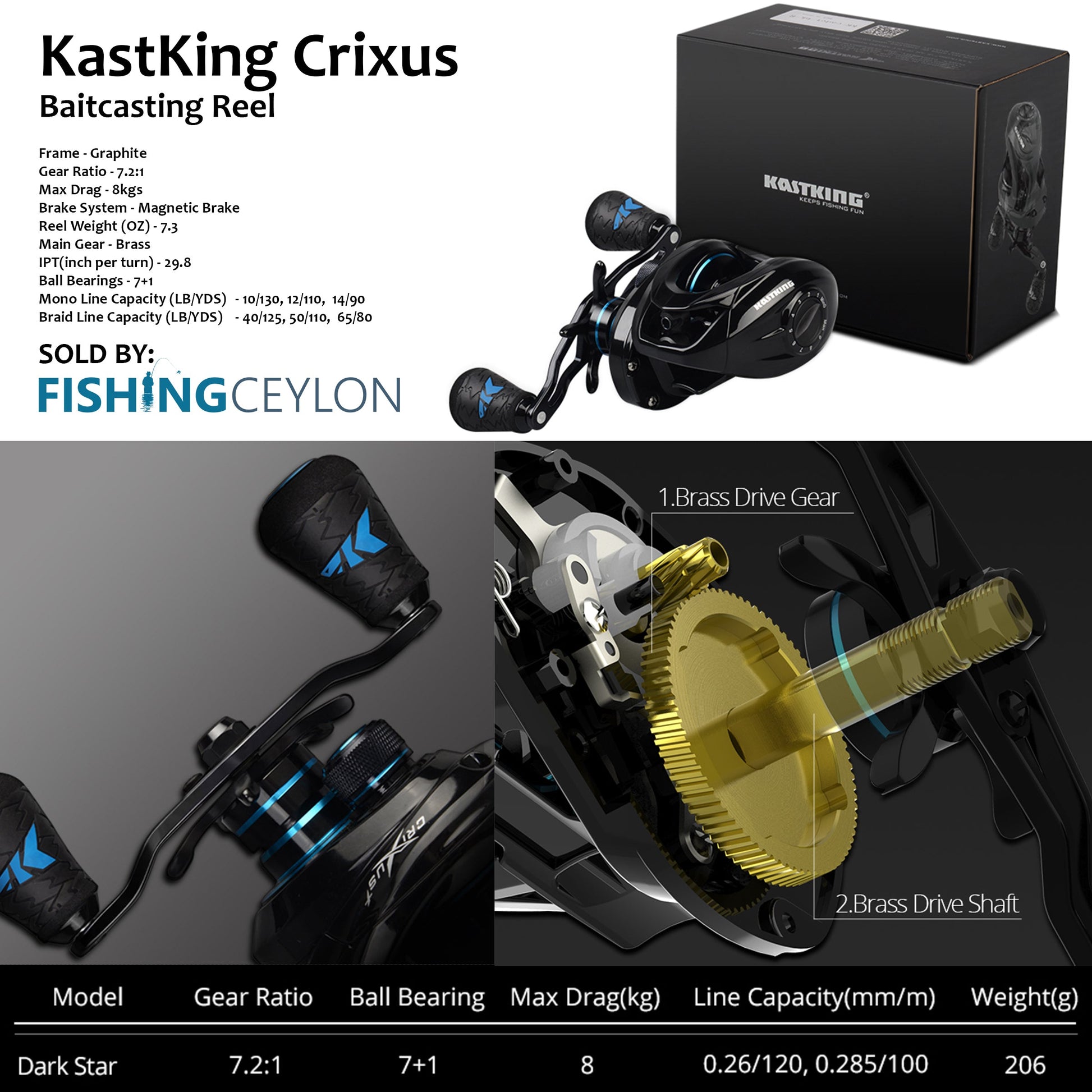 KastKing Crixus 7.2:1 Baitcasting Reels Low Profile Fishing Reel 7.3 oz -  Left