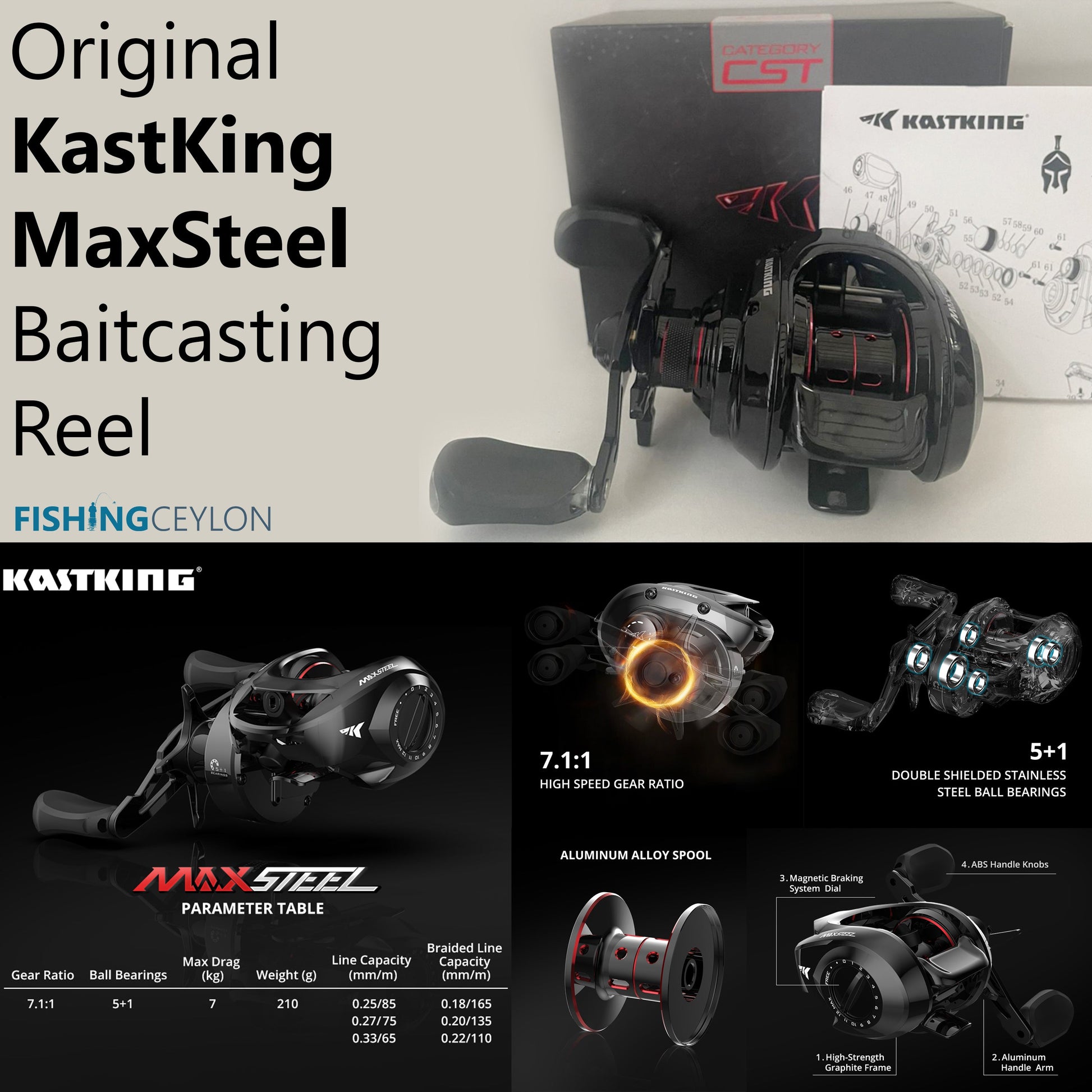 KastKing MaxSteel Long Cast Baitcasting Reel 7.1:1 High-Speed Gear